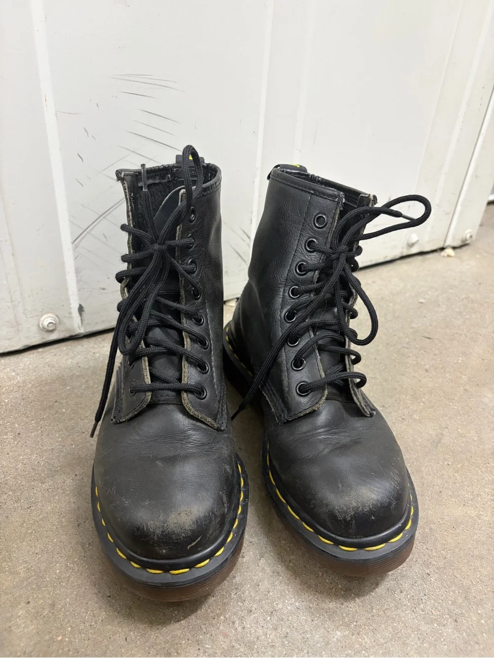 Dr. Martens Black Leather Lace-Up Combat Boots with Yellow Stitching
